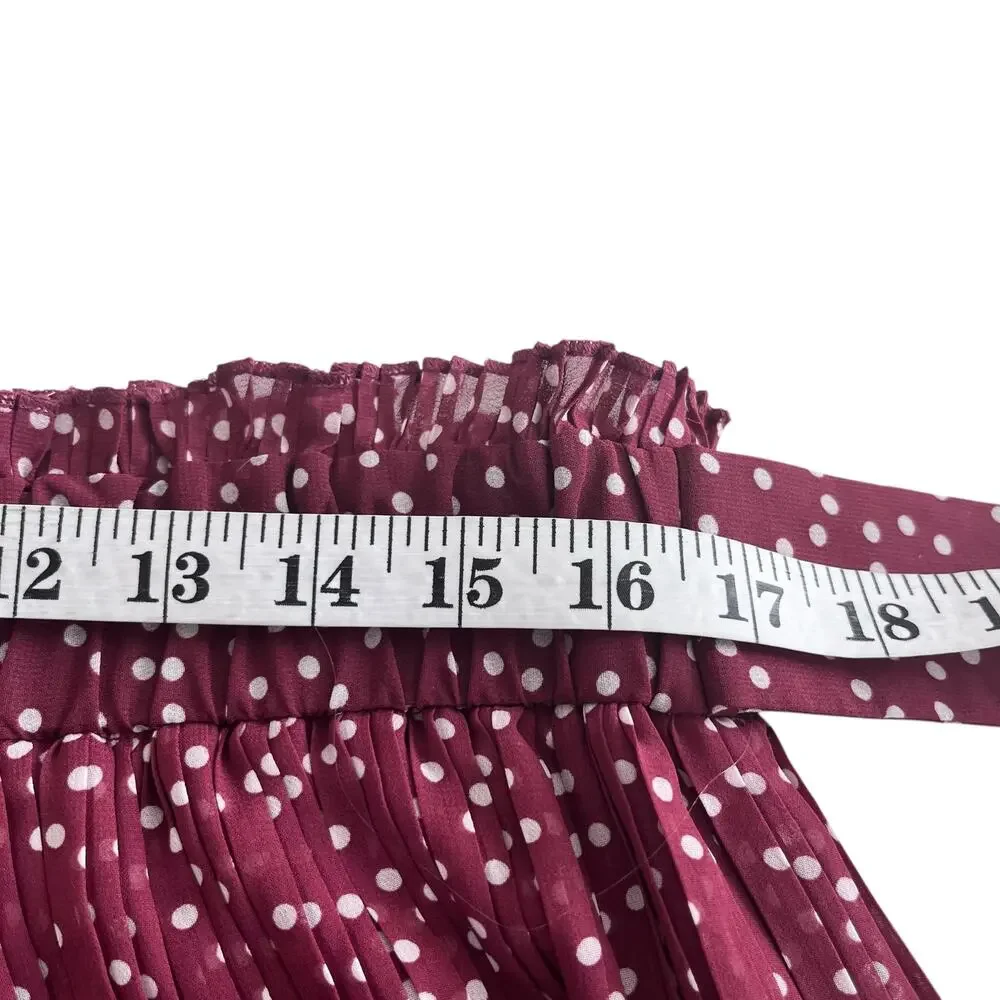 Zara Burgundy Red Polka Dot Print Pleated Tie Waist Maxi Skirt Size XL